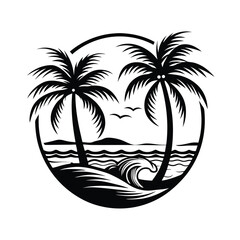 Tropical Island Silhouette with Palm Trees, Ocean Wave, and Birds in Circle