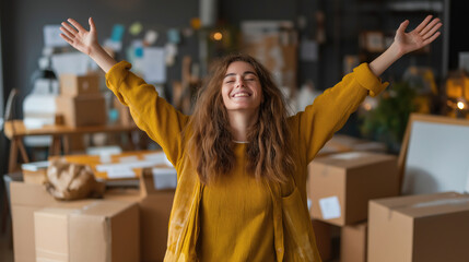 Smiling woman with arms raised surrounded by moving boxes, joyfully celebrating