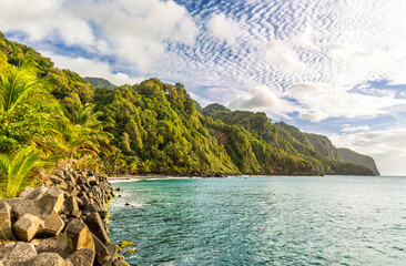 The black sand beach of Sinai, Grande Riviere, in Martinique, France. Grand Riviere the northernmost town of the Caribbean island of Martinique.
