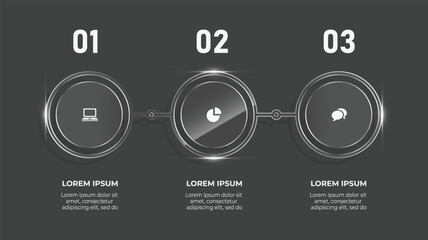 Modern 3D Glass Effect Business Infographic Template with 3 Step Circular Timeline and Icon Elements