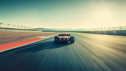 Obraz premium Formula racer speeding down the track, sunlight glinting, motion blur visible