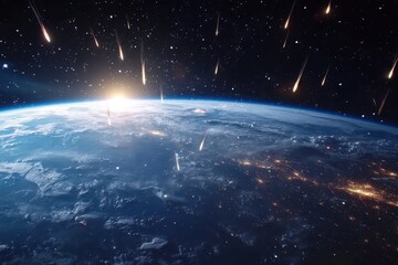 Obraz premium Earth illuminated by falling stars as seen from space at dawn, Earth view from space with falling stars Photo in background