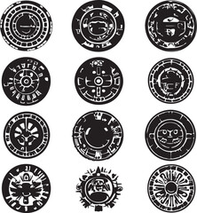Ancient Aztec Stone Carvings: Circular Designs in Black and White
