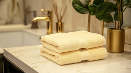 Soft yellow hand towels on marble countertop in modern bathroom