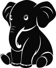 Baby elephant sitting silhouette,  a cartoon line art drawing of a baby elephant sitting down