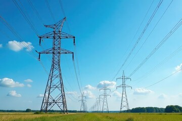 Tall transmission towers against a blue sky, showcasing electrical power infrastructure , transmission, clouds, electrical tower