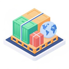 Fototapeta premium Illustration of shipping containers and a globe on a pallet, representing global logistics