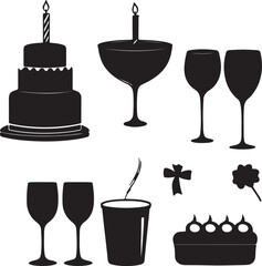 Black Silhouette Party Icons: Cake, Glasses, Bow, Flower, Celebration