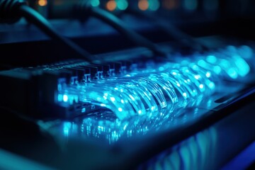 Closeup view of a fiber optic cable connector transmitting light and data signals in a modern network system, Closeup of a fiber optic cable connector, transmitting data streams