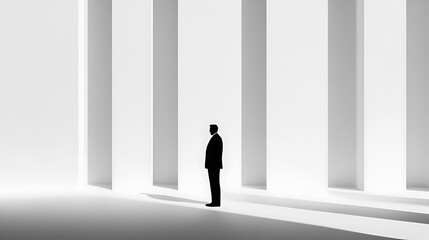 Fototapeta premium Minimalist Composition: Silhouette of a figure in a suit between illuminated white pillars. Architectural abstraction, stark contrast, and poised stillness.
