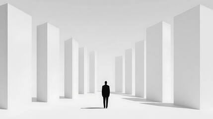 A solitary figure stands in a bright, minimalist space lined with geometric pillars, creating an atmosphere of contemplation and serene solitude.