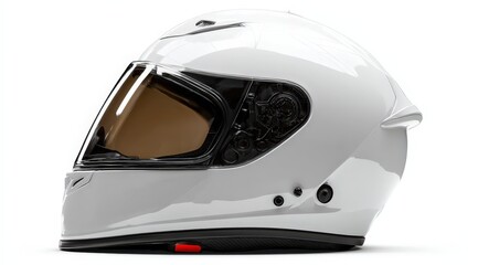 A sleek and shiny white full-face motorcycle helmet is placed on a minimalistic white surface. The helmet features a tinted visor, enhancing its modern aesthetic
