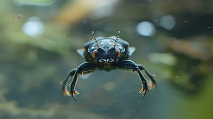 Fototapeta premium Close up of a great diving beetle underwater in its natural habitat
