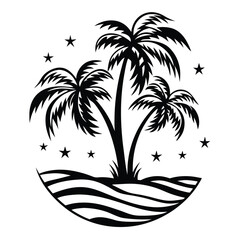 Black Silhouette of Palm Trees on Tropical Beach with Starry Sky, Island Landscape