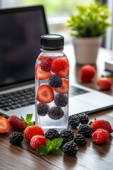 modern BPA free fruit infuser water bottle on office desk beside laptop fresh fruit water condensation clean professional