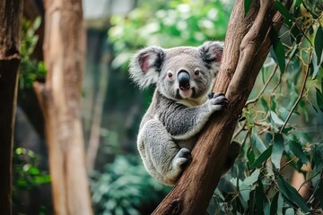 Fototapeta premium Koala bear climbing a tree in its natural habitat surrounded by greenery, Exotic animal Koala bear in native environment of Australia forest