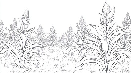 Line drawing of flowering plants in a field.  Possible use Botanical illustration, educational material, or nature-themed design element