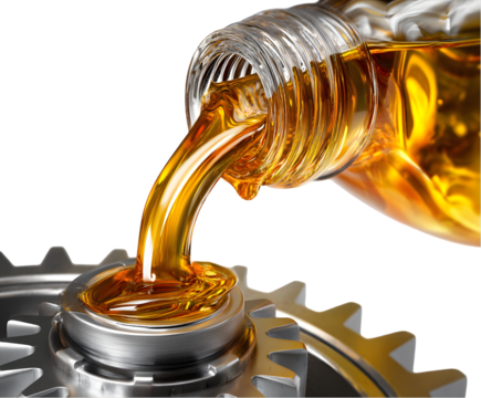 Golden Oil Poured onto Metal Gears on Transparent Background