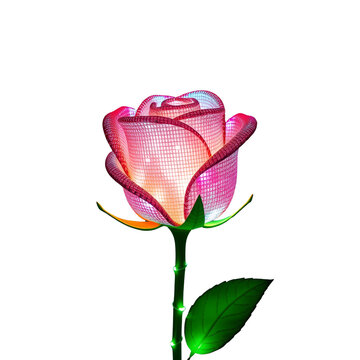 A rose made of Python code, its stems made of LED light, its leaves made of OLED screens