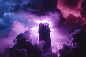 Tower illuminated by lightning in a powerful thunderstorm over dark clouds, a tower with thunderstorm lightning strike Photo in background