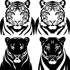 Set of stylized vector illustrations featuring two white tigers and two black panthers in a walking pose, rendered in bold black-and-white line art with mirrored symmetry.