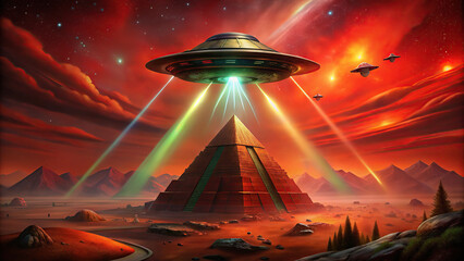 Stunning scene of ancient pyramid illuminated by hovering UFOs against vibrant, otherworldly sky. dramatic colors and surreal landscape evoke sense of mystery and wonder