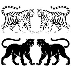 Set of stylized vector illustrations featuring two white tigers and two black panthers in a walking pose, rendered in bold black-and-white line art with mirrored symmetry.