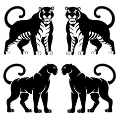 Set of stylized vector illustrations featuring two white tigers and two black panthers in a walking pose, rendered in bold black-and-white line art with mirrored symmetry.