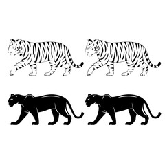 Set of stylized vector illustrations featuring two white tigers and two black panthers in a walking pose, rendered in bold black-and-white line art with mirrored symmetry.