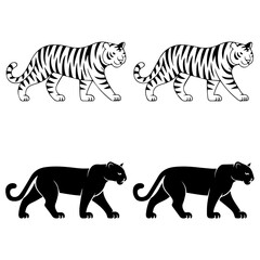 Set of stylized vector illustrations featuring two white tigers and two black panthers in a walking pose, rendered in bold black-and-white line art with mirrored symmetry.