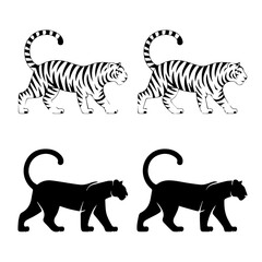 Obraz premium Set of stylized vector illustrations featuring two white tigers and two black panthers in a walking pose, rendered in bold black-and-white line art with mirrored symmetry.
