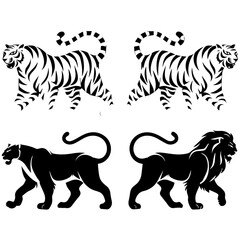 Set of stylized vector illustrations featuring two white tigers and two black panthers in a walking pose, rendered in bold black-and-white line art with mirrored symmetry.