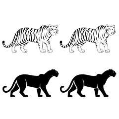 Set of stylized vector illustrations featuring two white tigers and two black panthers in a walking pose, rendered in bold black-and-white line art with mirrored symmetry.