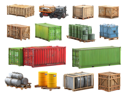 Collection of Cargo and Shipping Containers on Transparent Background