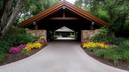 Covered entryway leads to a building flanked by stone pillars and vibrant flowerbeds under lush tree canopy.