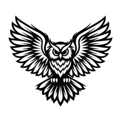 Black and White Depicting an Owl with Wings Spread Open Isolated