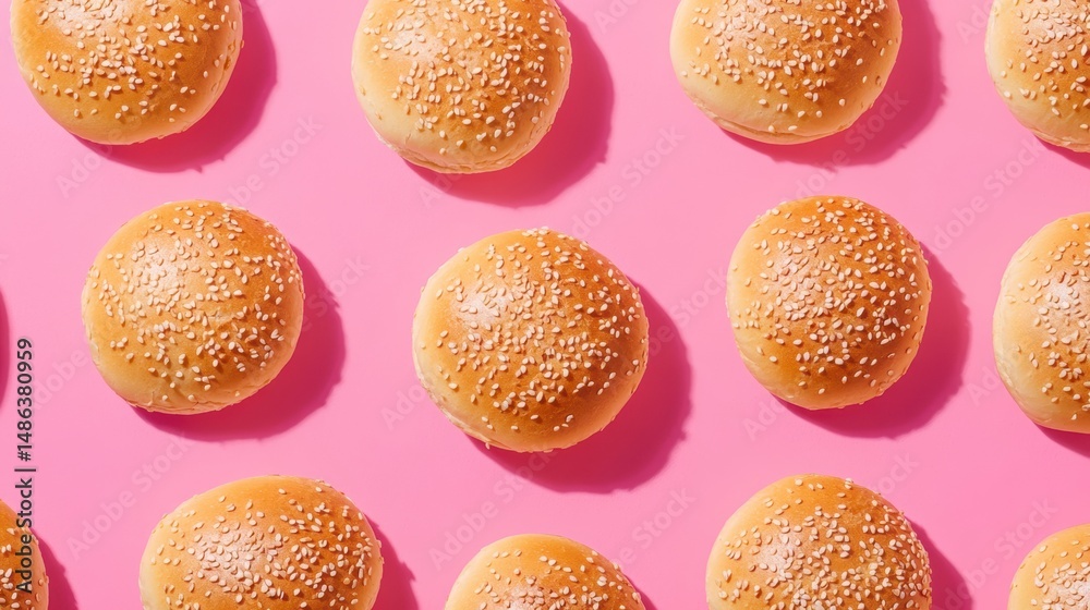 Poster Top view of sesame seed buns arranged in neat rows on pink background.