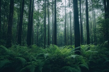 Obraz premium Dense rainforest of Tasmania showcases lush green ferns and towering trees in early morning mist, Dense rainforest of Australia Tasmania wild nature landscape