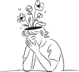 Minimalist line art of a person with flowers growing from head, symbolizing mental health, healing, and personal growth in black and white

