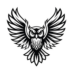 Owl Flying with Open Wings, Black and White Monochromatic Silhouette Design