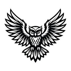 Stylized Owl with Open Wings, Bird Silhouette Illustration, Wildlife Icon, Black on White