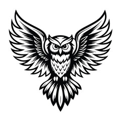 Stylized Owl with Open Wings, Detailed Feather Design, Monochromatic Art