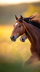 Fototapeta premium Two brown horses gallop through a sunlit field, manes flowing in the wind
