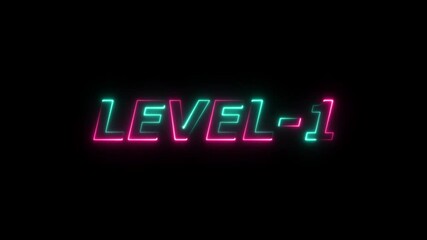 Level one neon text animation with glowing pink and teal outlines on black - Powered by Adobe