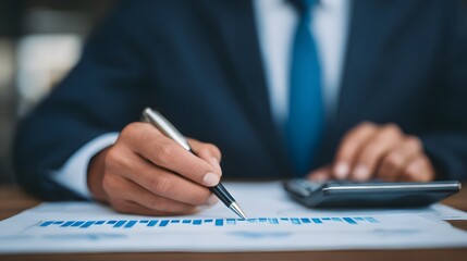 Businessman in a suit meticulously reviewing financial charts documents and reports while working at his desk in a corporate office setting