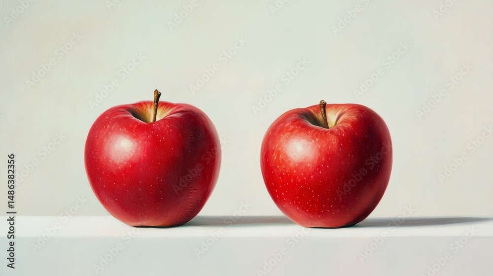 Poster two ripe red apples sit side-by-side on a white surface against a light background.