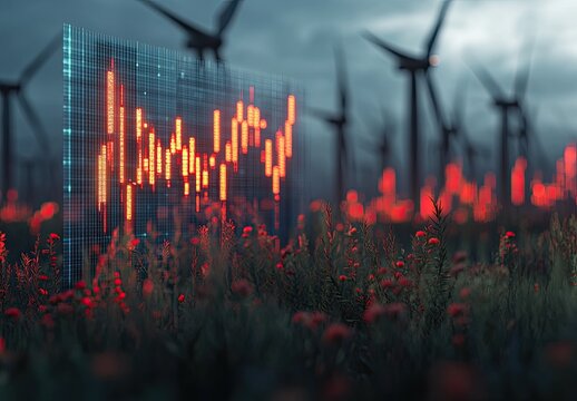 Digital stock chart displayed over a field of wind turbines and vibrant red flowers.  Data visualization in a renewable energy setting