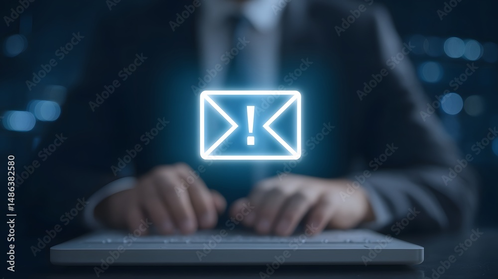 Poster a person in a suit interacting with a digital interface displaying a cybersecurity warning or alert 
