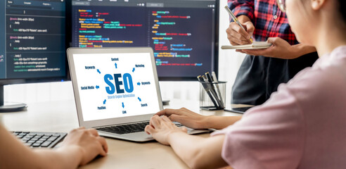 SEO search engine optimization for brisk e-commerce and online retail business showing on computer...
