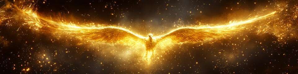 A glowing phoenix spreads its fiery wings in a star-filled space. Concept of rebirth and renewal. For mythical or fantasy-themed content.